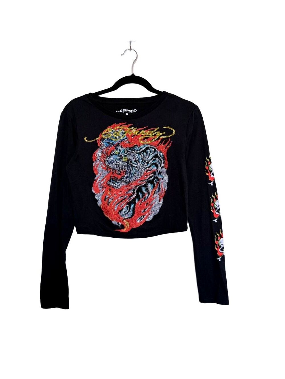 Ed Hardy Embellished Rhinestone Cropped Black Long Sleeve Tee